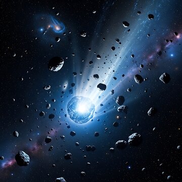 Cosmic Phenomenon - Asteroid Field Surrounds a Bright Blue Celestial Event.