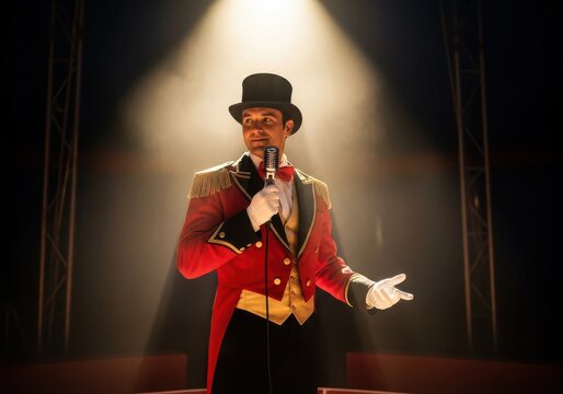 Professional ringmaster performs in the spotlight at a live show.