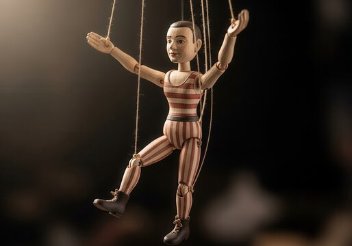 Wooden marionette with striped clothing hangs suspended by strings against a dark background.