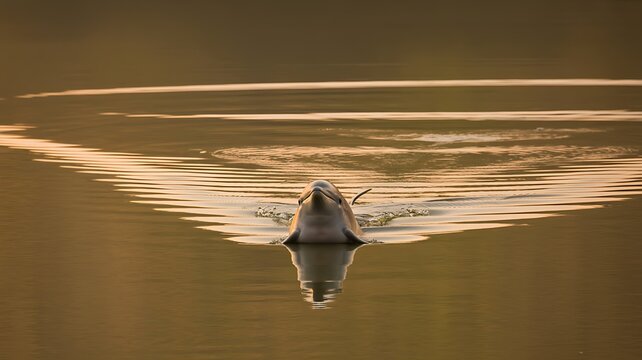 Irrawaddy Dolphin Surfacing in Golden Light at Sunrise