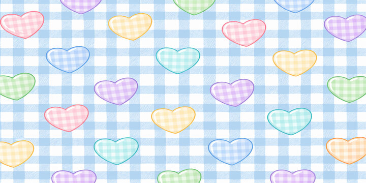 Pastel hearts pattern on light blue gingham background for romantic and spring designs