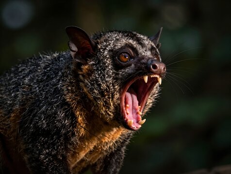 Aye-Aye Lemur Snarling Aggressively, Dramatic Close-Up Portrait