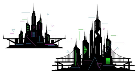 Naklejka premium Futuristic City Skyline Silhouette with Neon Lights and Geometric Shapes