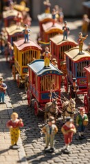 Obraz premium Miniature circus parade features hand-painted figurines and horse-drawn animal cages on a cobblestone street.