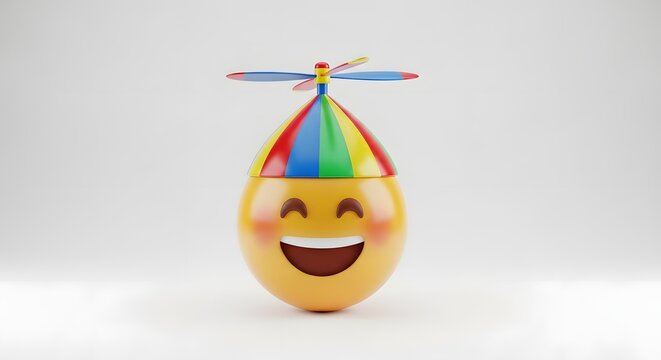 A 3D yellow emoji with a wide joyful grin and closed happy eyes wearing a colorful rainbow propeller hat on a clean white background