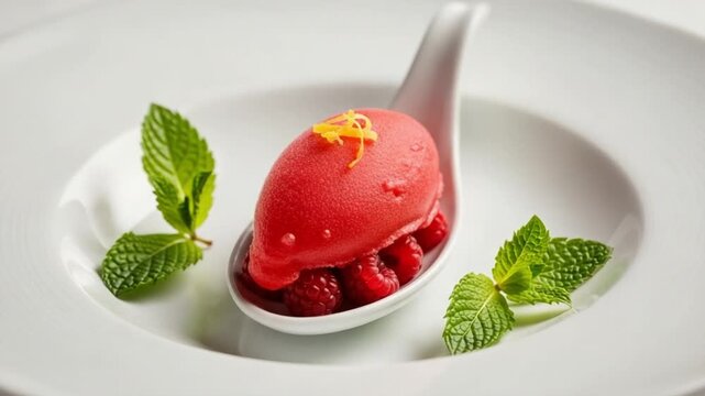 Gourmet palate cleanser of raspberry sorbet with lemon zest and mint in a white bowl