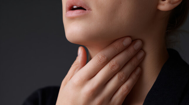 Sore throat pain hand throat female face close up neck pain illness discomfort medical symptom skin mouth chin cheek human body health problem inflammation swallowing tender neck tired expression