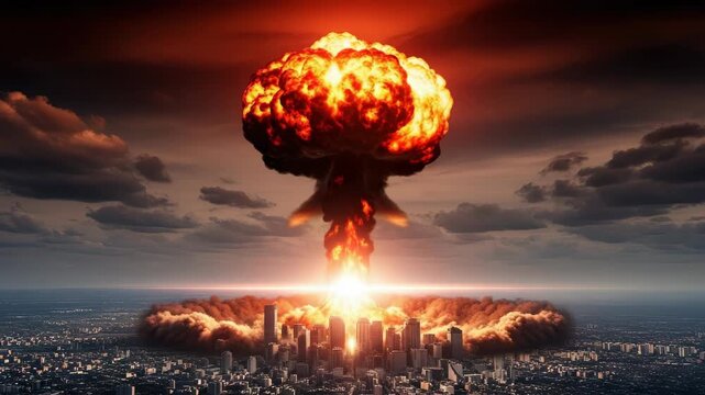 Mushroom Cloud Explodes Over City Depicting Destruction Chaos From Nuclear Blast The Sky Above Is Filled With Smoke Dark Clouds For Disaster Scenarios Concepts Of War