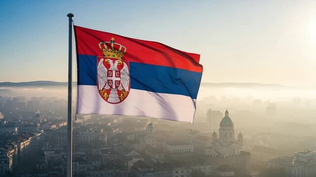 Serbian National Flag Waving Over Misty City Skyline at Sunrise, Patriotic Balkan Morning Landscape