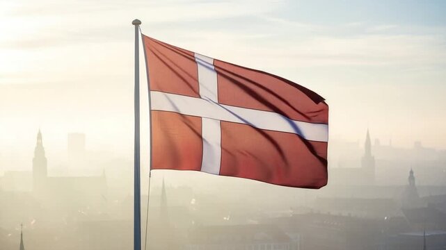 Danish national flag waving over misty city skyline at dawn representing patriotism and heritage