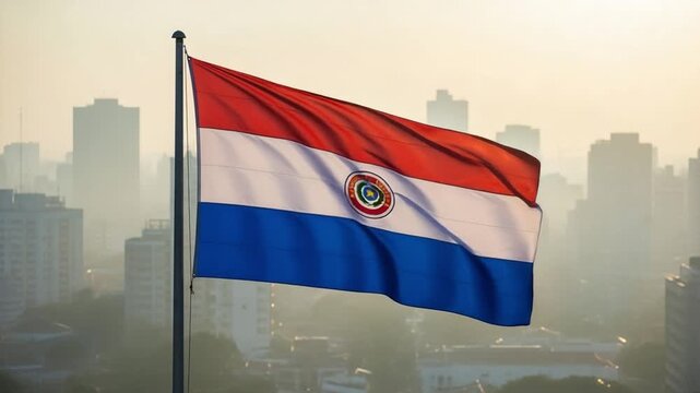 Paraguayan national flag waving in the wind with a blurred urban cityscape background at dusk