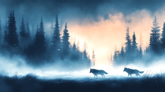 Silhouette wolves in misty forest at sunrise
