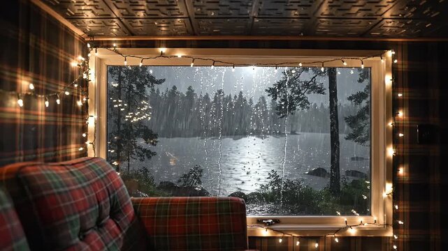 A cozy interior scene features a window overlooking a rainy lakeside forest, illuminated by warm string lights.