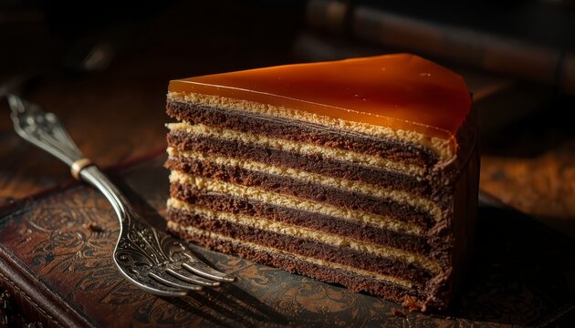 Slice of classic layered chocolate cake with caramel glaze on vintage background, elegant dessert with antique silver fork
