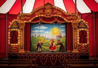 Fototapeta premium Puppet theater stage presents a dramatic scene featuring hand-manipulated figures.