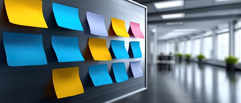 Colorful sticky notes arranged on a board in a modern office space with a bright, spacious background.