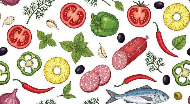 Gourmet food seamless pattern vector. Vintage engraving illustrations of fish, salami, tomatoes, peppers, pineapple, and herbs for deli, pizzeria, and restaurant design.