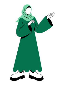 Minimalist figure in green attire &mdash; A faceless person in a long green robe and light headscarf, raising one hand in a presenting gesture, depicted in a flat, stylized art style.