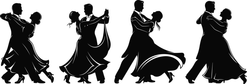 Ballroom dance couple silhouettes set elegant waltz dancers in formal attire romantic movement vector illustration isolated classic performance collection