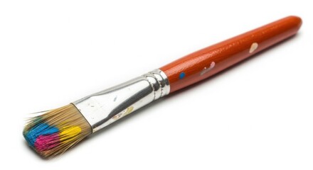 Obraz premium Artist Paintbrush with Blue Yellow and Pink Paint on Flat Bristles isolated on White Background