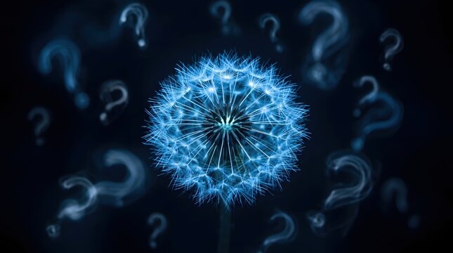 Conceptual glowing blue dandelion clock with floating smoky question marks symbolizing curiosity mystery and searching for answers