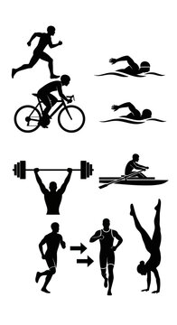 Diverse Sports Silhouettes: Running, Cycling, Swimming, Weightlifting, Kayaking, Gymnastics