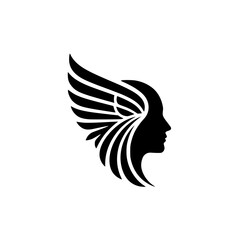 Obraz premium Abstract woman face silhouette with wing minimalist logo design.