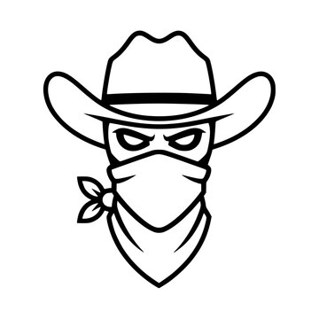 Cowboy bandit outlaw with bandana and hat line art illustration.