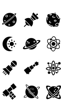 Space Icons: Planets, Moon, Telescope, Atom, Satellite
