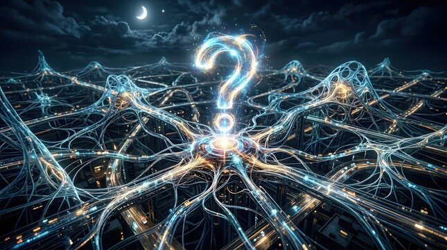 Glowing Question Mark Hovering Over a Complex Digital Network and Futuristic Highway System at Night