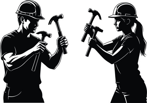 Construction workers holding hammers illustration, male and female builders in safety helmets, teamwork concept, industrial labor, repair tools vector design