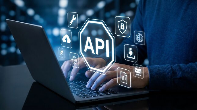 Developer's hands on laptop interacting with API interface, demonstrating seamless software integration and cloud data exchange.