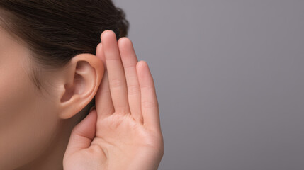 Fototapeta premium Ear listening hand cupped hearing gesture closeup