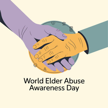 Two hands holding each other, one purple and one yellow, with wrinkles, over a circular background