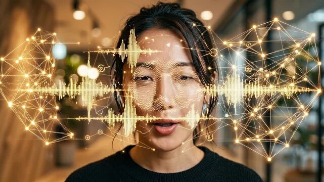 Captivating portrayal of a woman, a fusion of technology and human connection, showcasing the marvels of audio processing.