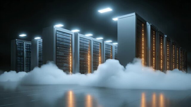 Modern data center with rows of high performance server racks and cooling fog, cinematic cloud computing storage facility, futuristic network hardware infrastructure in dark digital warehouse.