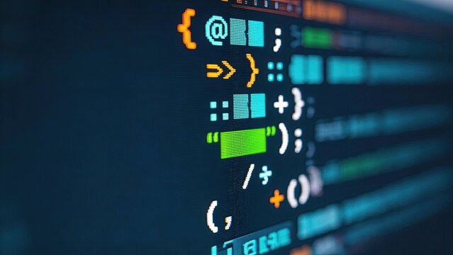 Closeup of glowing code on digital screen software development programming concept technology background computer interface abstract data visualization cyber security theme IT