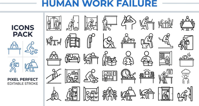 Workplace Mistake and Human Error Outline Vector Icons &mdash; Safety Risk, Failure, Incident