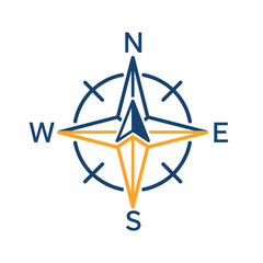 Stylized compass rose with cardinal directions N, S, E, W, featuring a blue and orange design, indicating navigation and direction. © Tukujajan