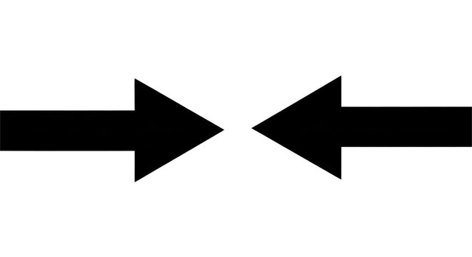 Bold, prominent, thick black arrows pointing left and right, perfectly aligned on a pristine transparent background with extensive copy space, minimalist graphic design concept of dichotomy and choice