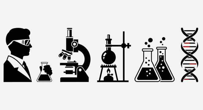Science Laboratory Icons: Scientist, Microscope, Flasks, DNA Helix - Research and Discovery
