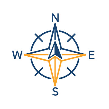 Stylized compass rose with cardinal directions N, S, E, W, featuring a blue and orange design, indicating navigation and direction.