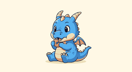 Fototapeta premium Adorable blue cartoon dragon sitting and eating a snack happily.