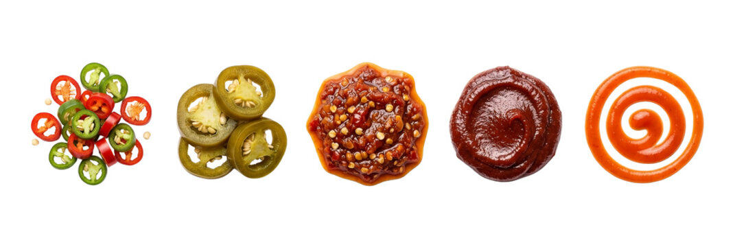 Spicy Chili Toppings and Sauce Set with Sliced Jalapenos Sambal and Sriracha Isolated on Transparent Background