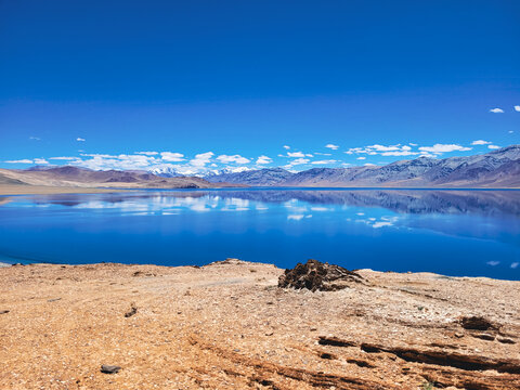 Panoramic Mirror Reflection of White Clouds and Snowy Himalayan Peaks on the Deep Blue Waters of Tso Moriri Lake, Ladakh