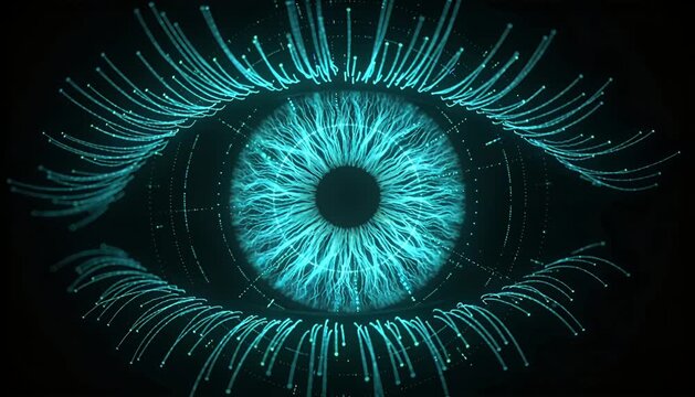 Futuristic eye digital iris cyber eye neon blue biometric pattern virtual reality sci fi technology abstract eye glowing line futuristic iris digital vision glowing retina neon teal light surreal art