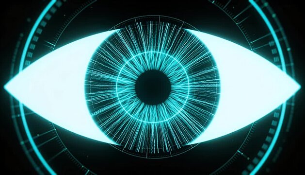Futuristic iris interface digital eye cyber vision neon glow blue light technology abstract sci fi surveillance security innovation data stream glowing pupil radial line minimal circle pattern