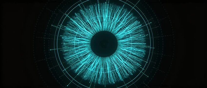 Futuristic iris digital eye cyberpunk teal light abstract technology circular design with glowing blue radial lines sci fi virtual reality biometric scan data visualization surveillance vision