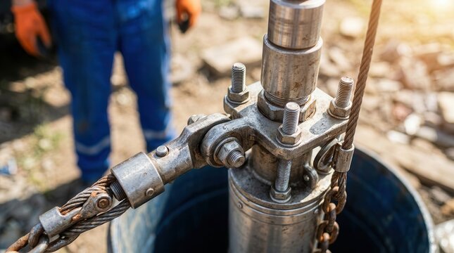 A submersible water pump descends into a deep borehole, supported by a sturdy metal pipe system and wire rope, crucial for well drilling operations.