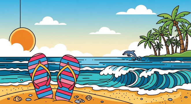 Colorful beach scene with flip flops on sandy shore waves palm trees and dolphin jumping in the ocean